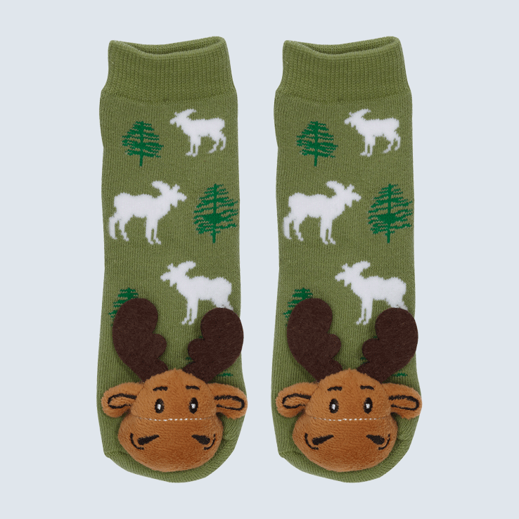 Two socks against a white background. The socks feature a forest motif and a cute plush moose charm on the toe.