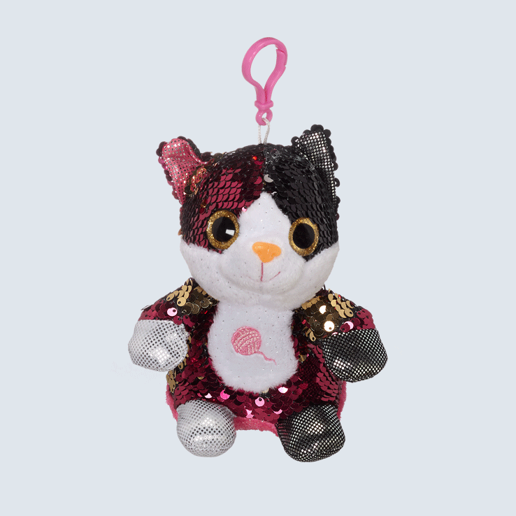 A sequin cat keychain against a white background.