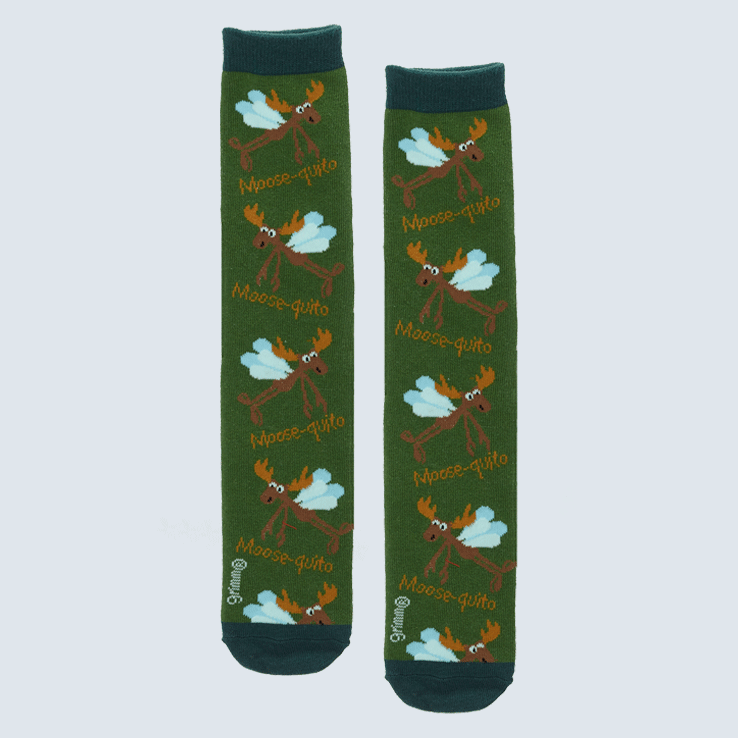 Two green socks against a white backdrop. The socks feature a moose with mosquito wings and the words "Moose-quito".