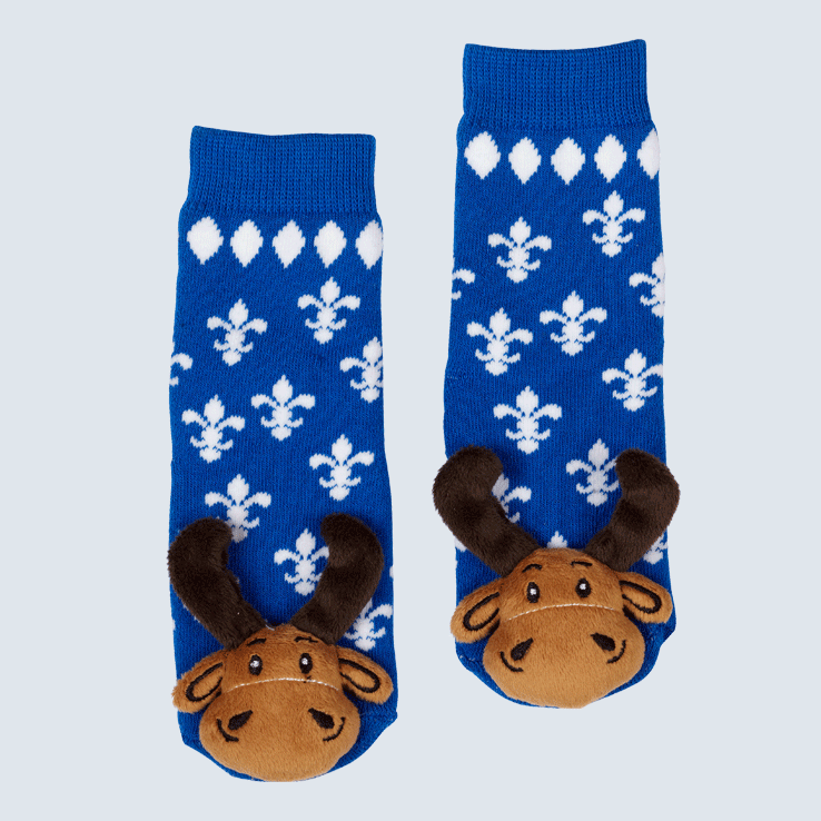 Two blue socks against a white background. The socks feature a fleur de lys motif and a cute plush moose charm on each toe.