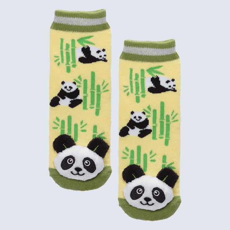 Two socks against a white background. The socks feature a bamboo motif and a plush panda bear charm on the toe.