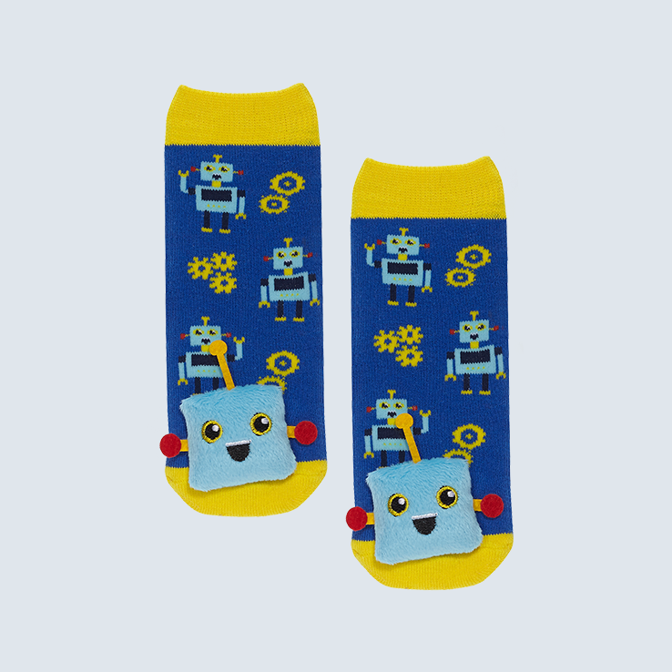 Two yellow and blue socks against a white background. The socks feature a cute robot charm on the toe.