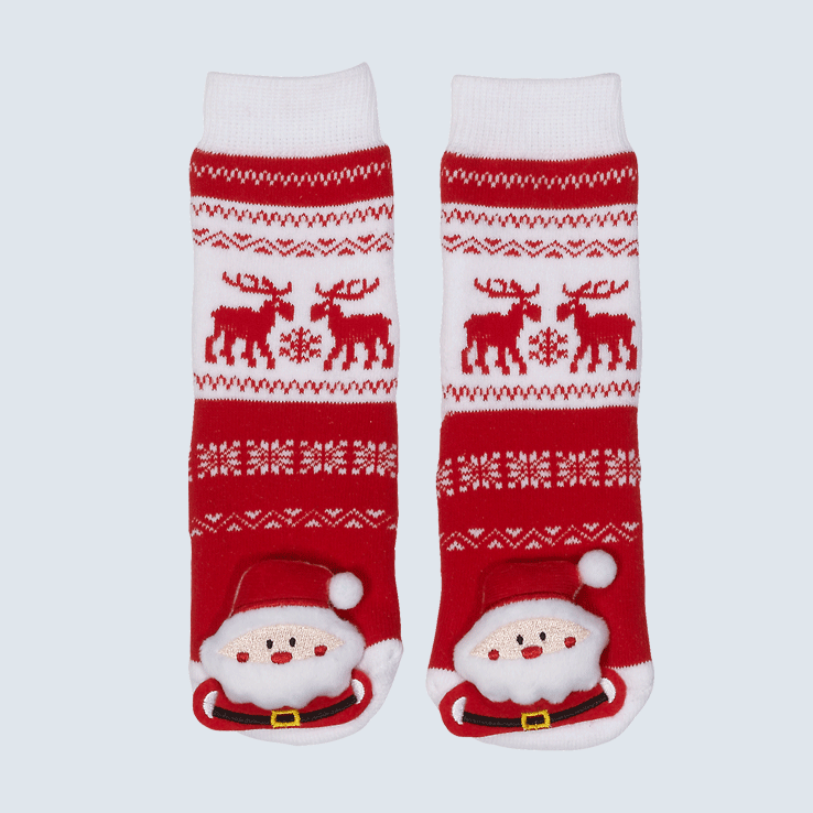 Two red socks against a white background. The socks feature a nordic and a cute Santa plush charm on the toe.