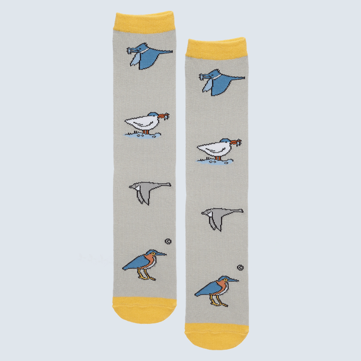 Two socks against a white backdrop. The socks feature a gray and yellow and a motif with four sea birds.